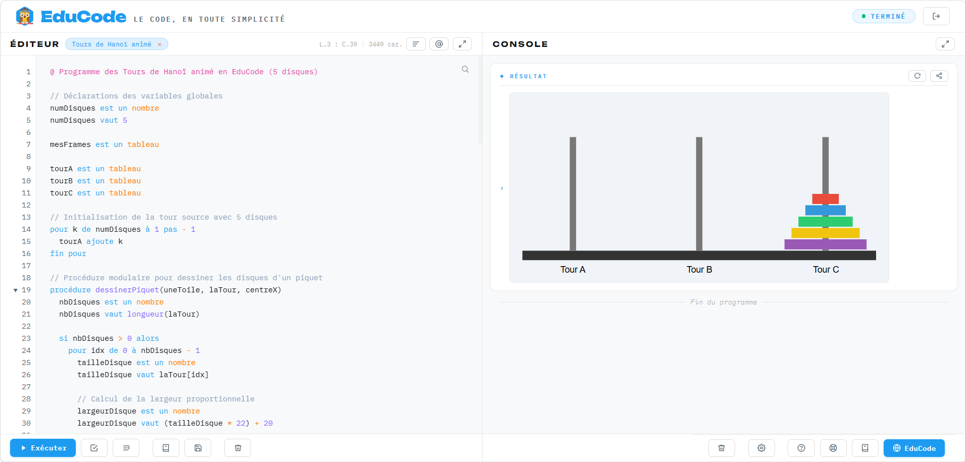 Animation des Tours de Hanoï en EduCode : un programme complet et pédagogique