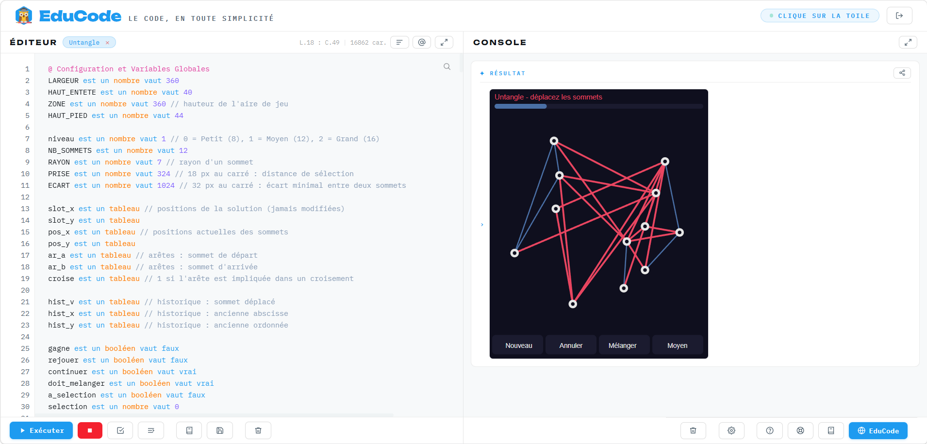 Untangle : anatomie d’un jeu de démêlage géométrique basé sur les graphes