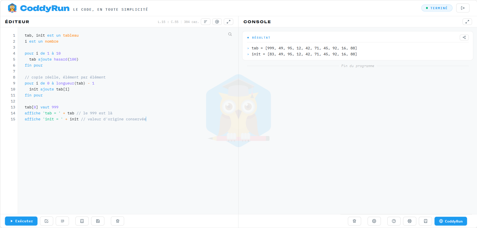 Comprendre la copie des tableaux dans CoddyRun