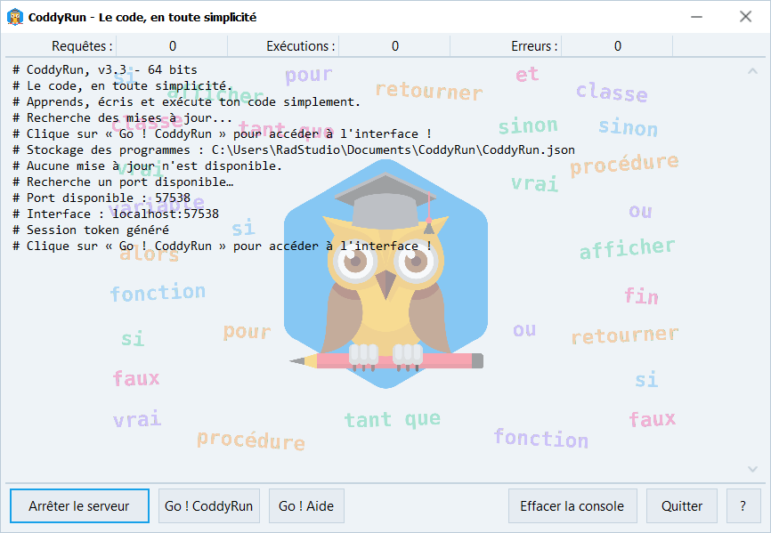 Console affichant le port de lancement CoddyRun