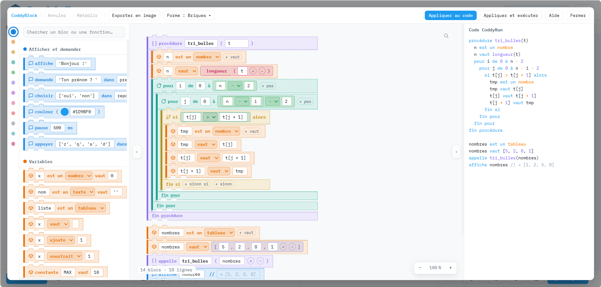 Le module CoddyBlock : la palette de blocs, le programme assemblé et le code correspondant