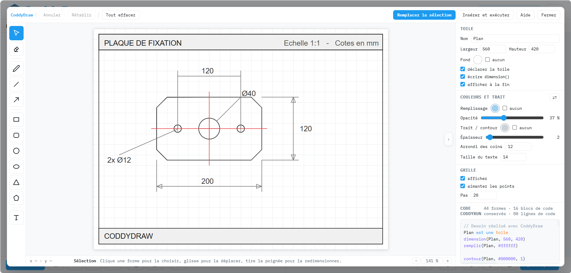 Le module CoddyDraw : les outils de dessin, la toile et le code CoddyRun généré