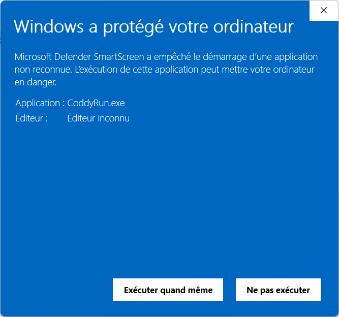Fenêtre SmartScreen avec le bouton Exécuter quand même