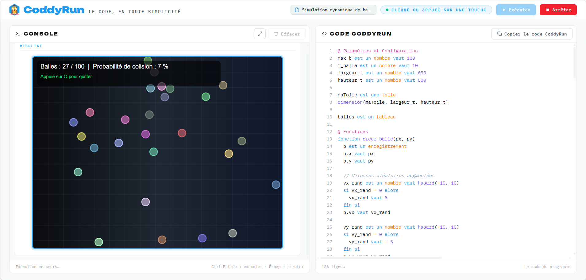 Simulation de balles – collisions, rebonds et création dynamique