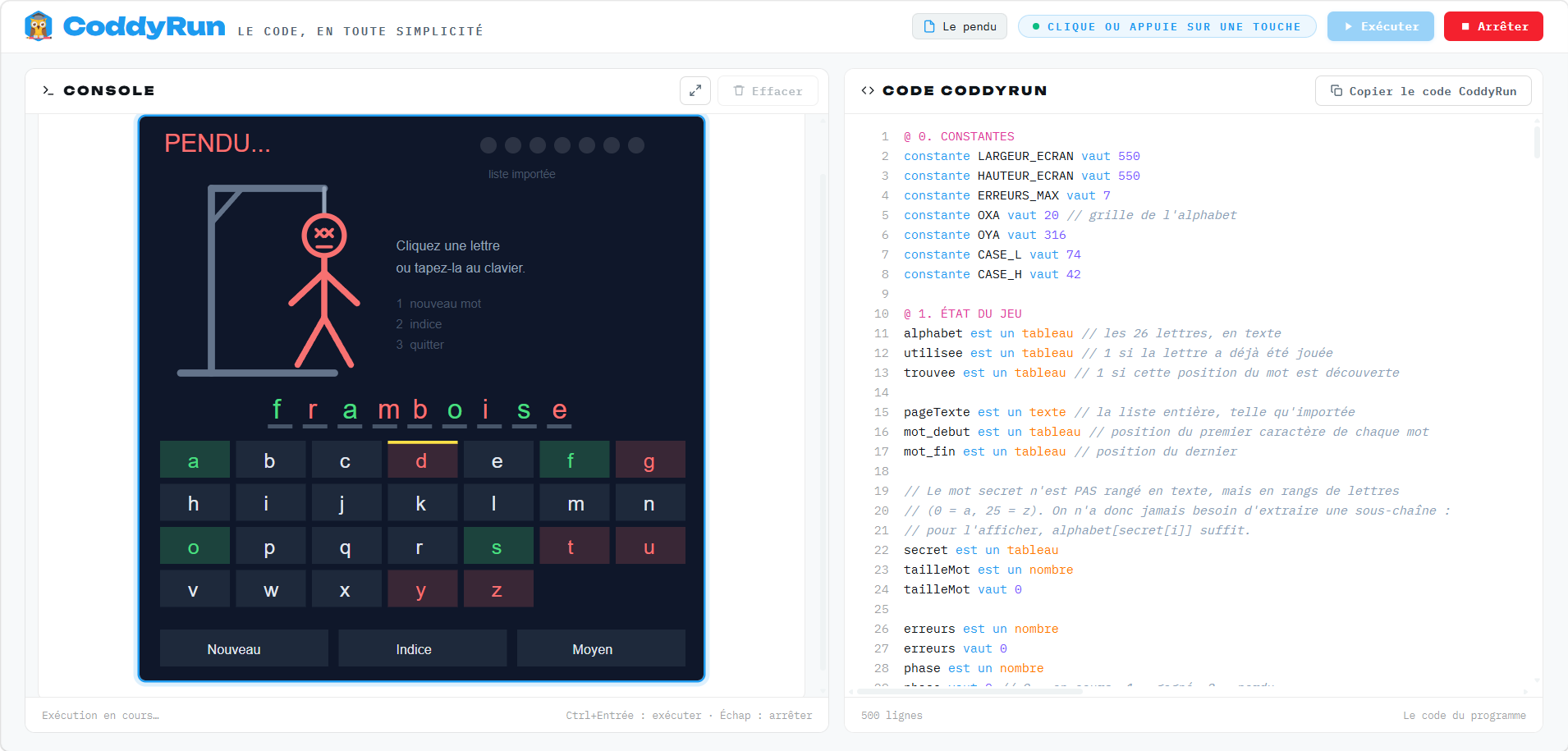 Le Pendu – 1600 mots, 3 niveaux, interface complète