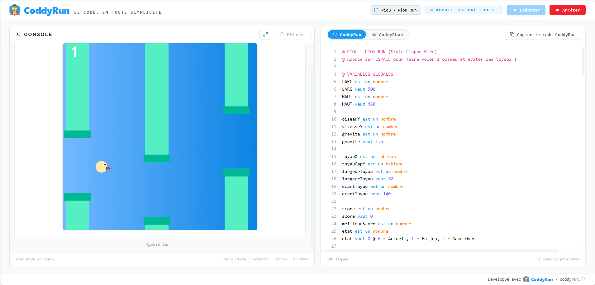 Un clone de Flappy Bird 100% jouable.