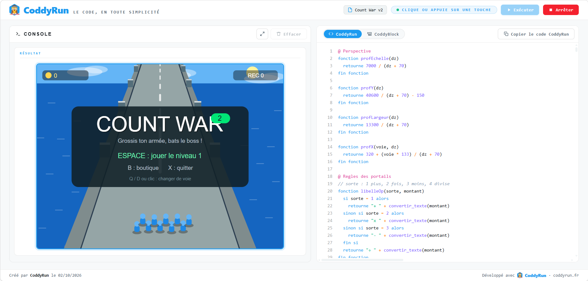 Découvre la nouvelle version de Count War, programmée en CoddyRun.