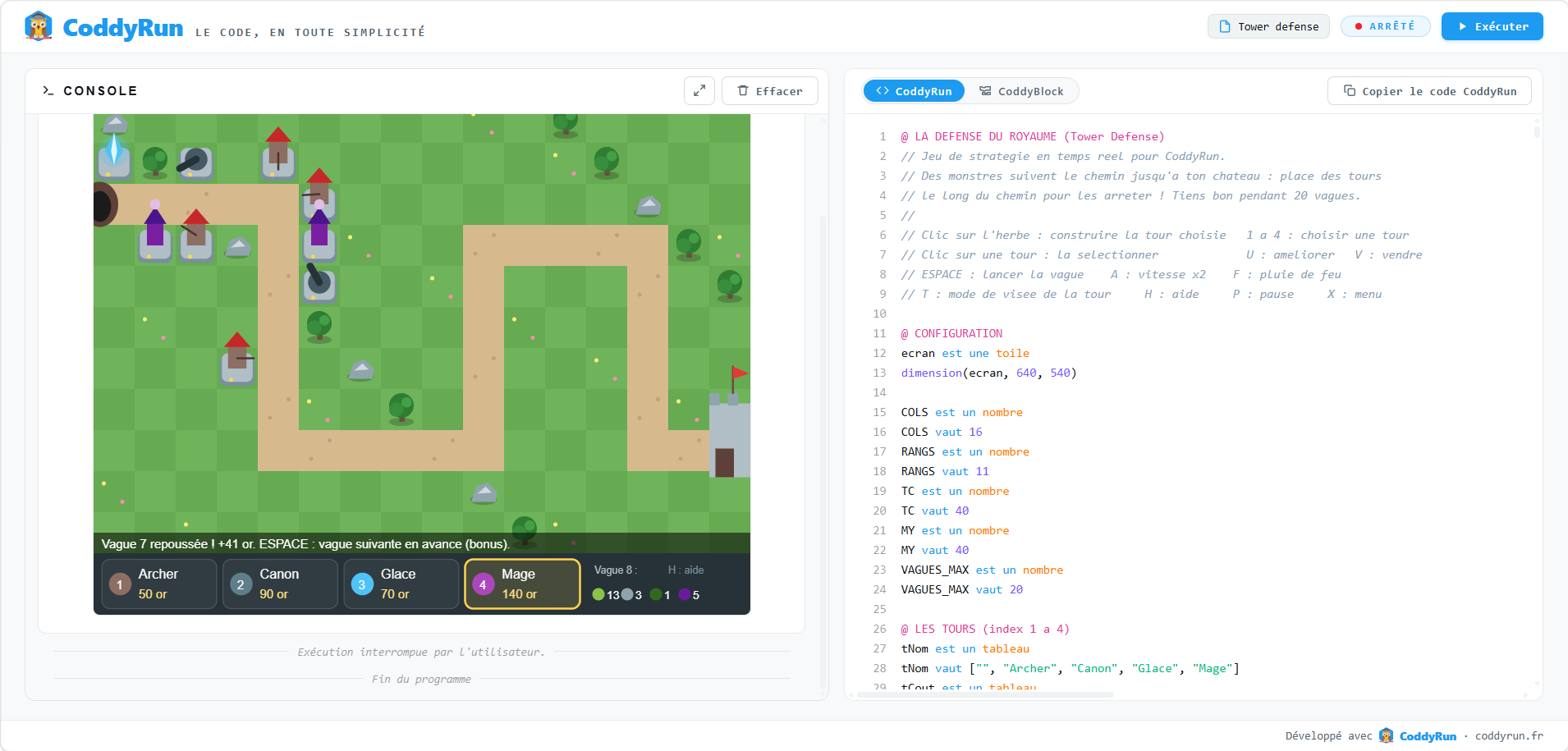 La Défense du Royaume : un Tower Defense en CoddyRun.