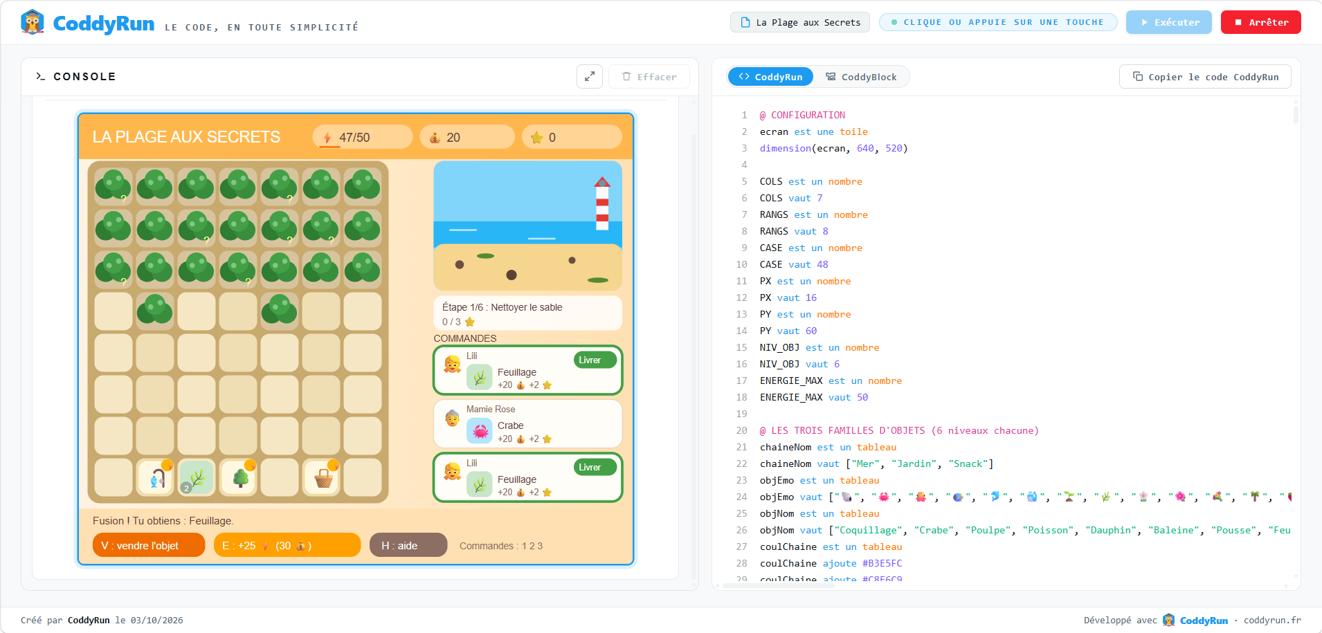 La Plage aux Secrets : un jeu de fusion en CoddyRun.