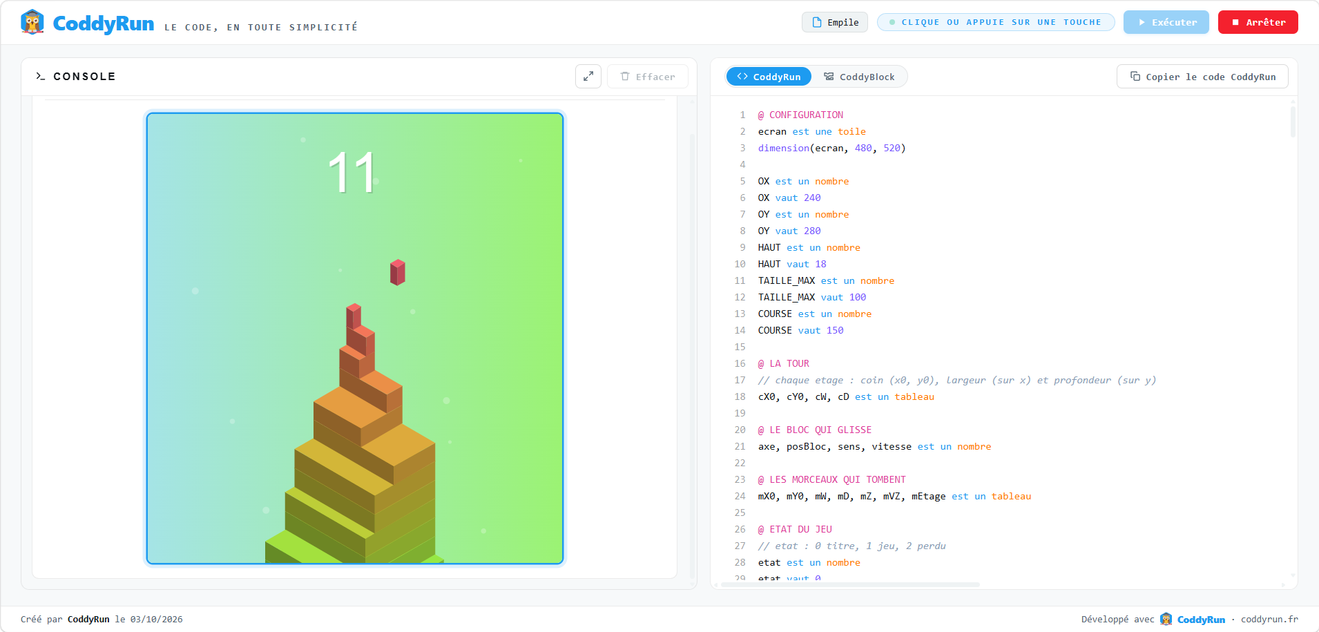 Un petit jeu d'adresse programmé en CoddyRun !