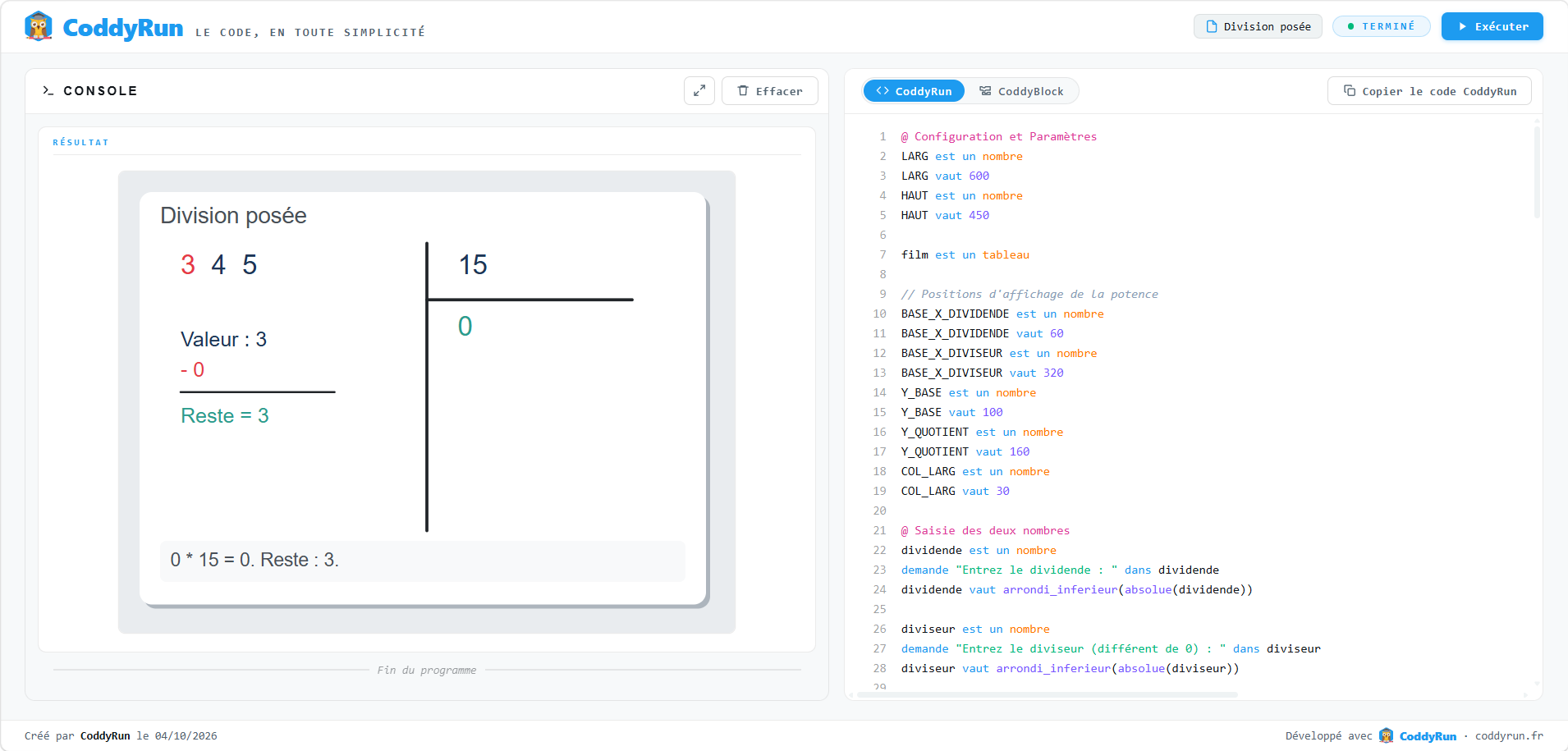 Fâché avec la division posée ? Et si on laissait le code simplifier les maths !