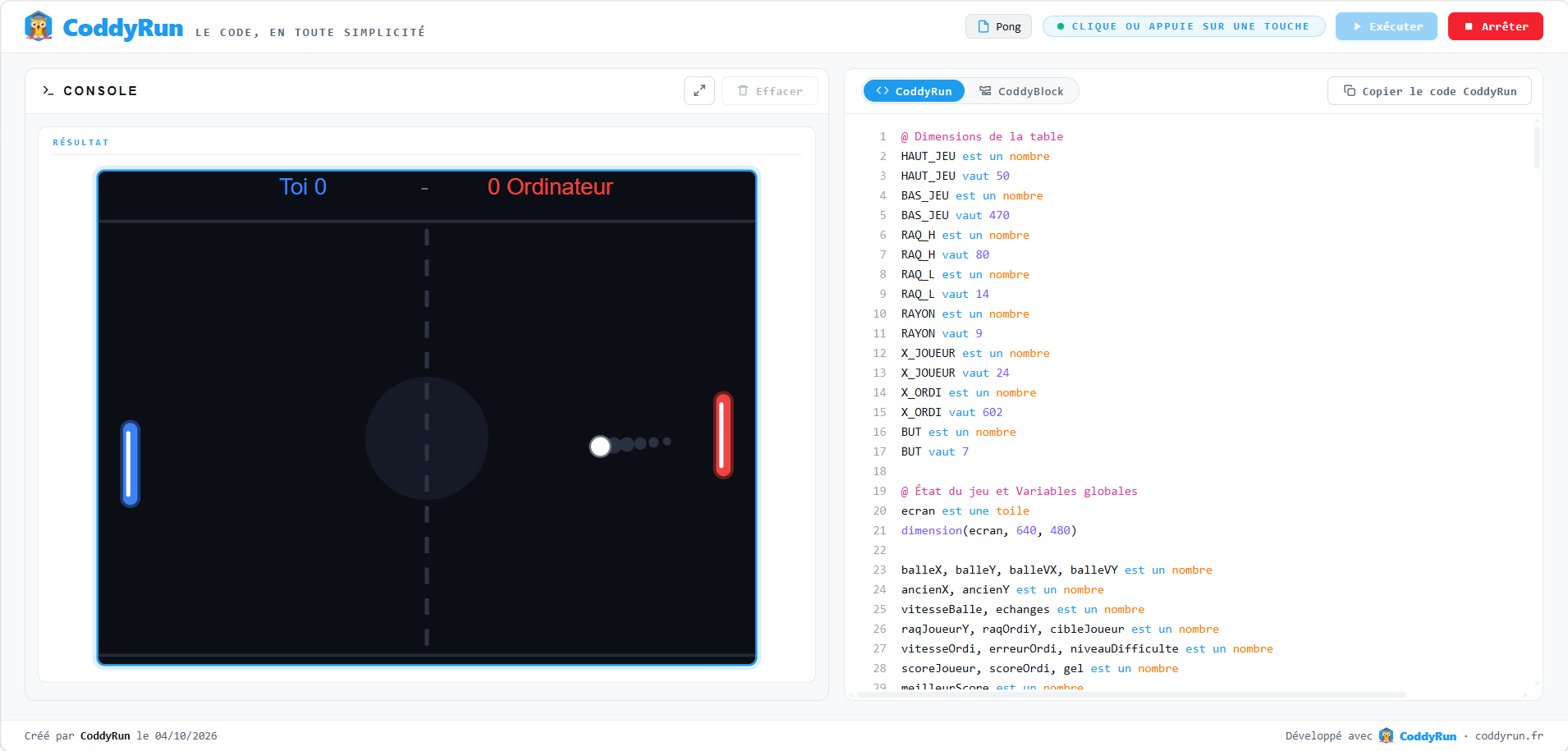 Pong fait son retour sur CoddyRun !