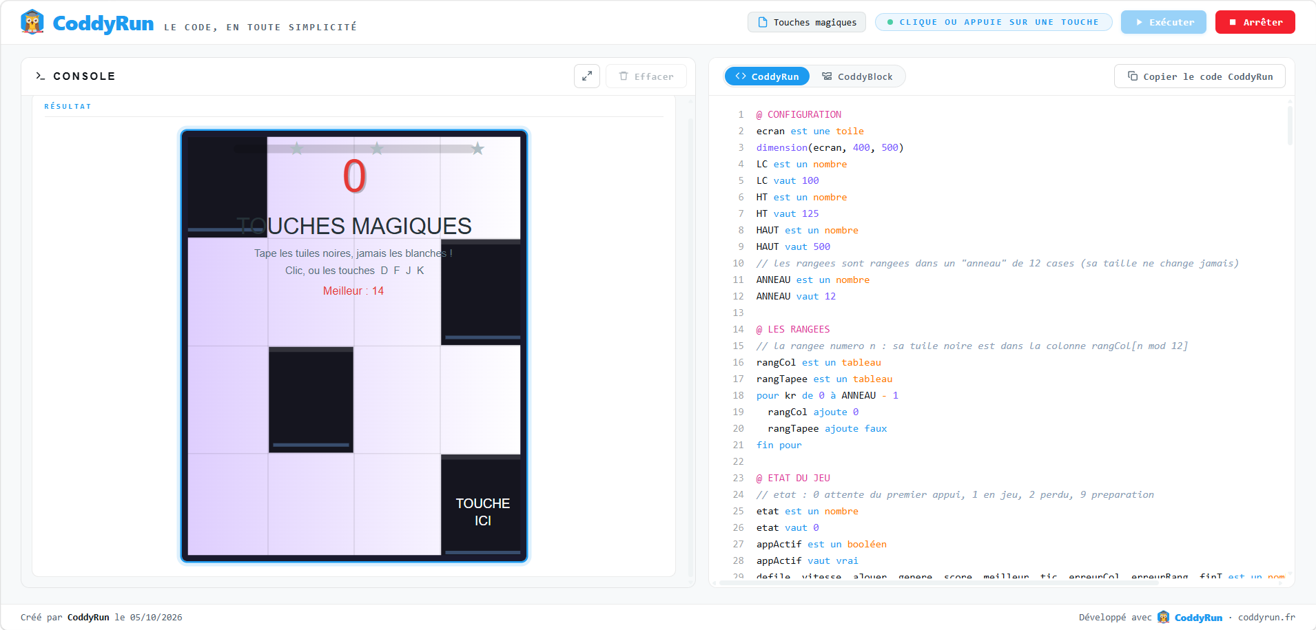 Un jeu de rythme programmé en CoddyRun !
