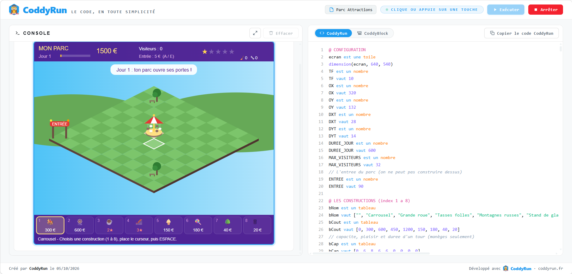 Un jeu de gestion programmé en CoddyRun