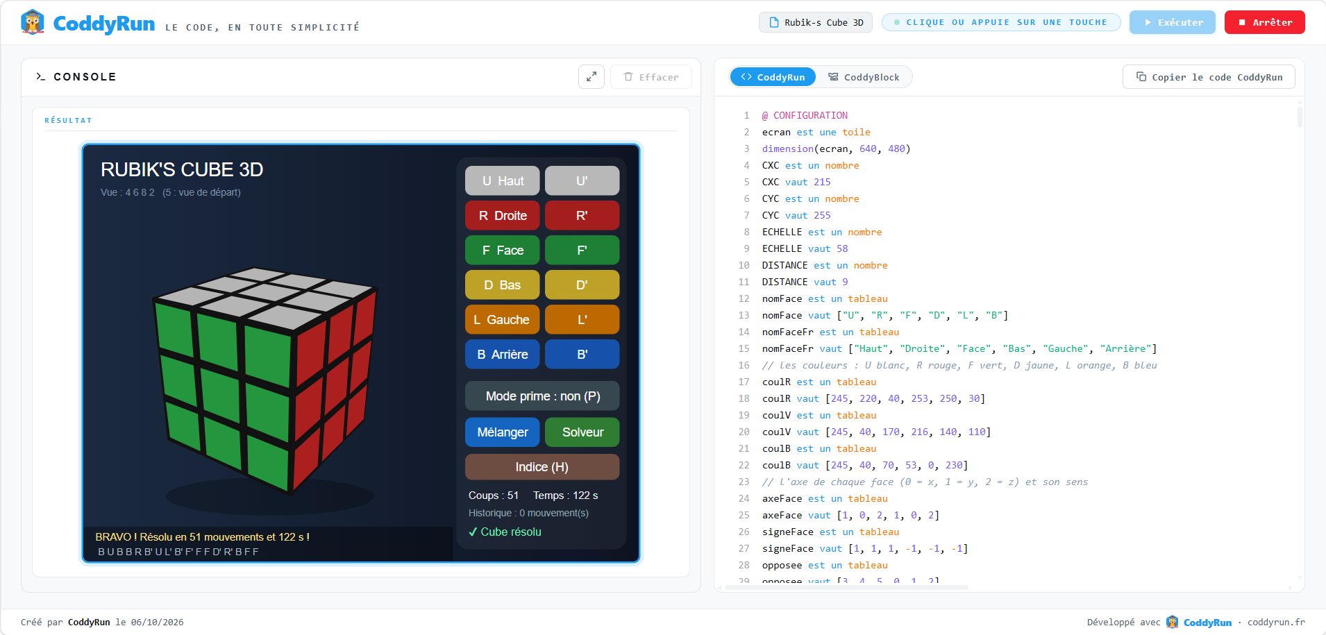 Le cube mythique, programmé en CoddyRun !