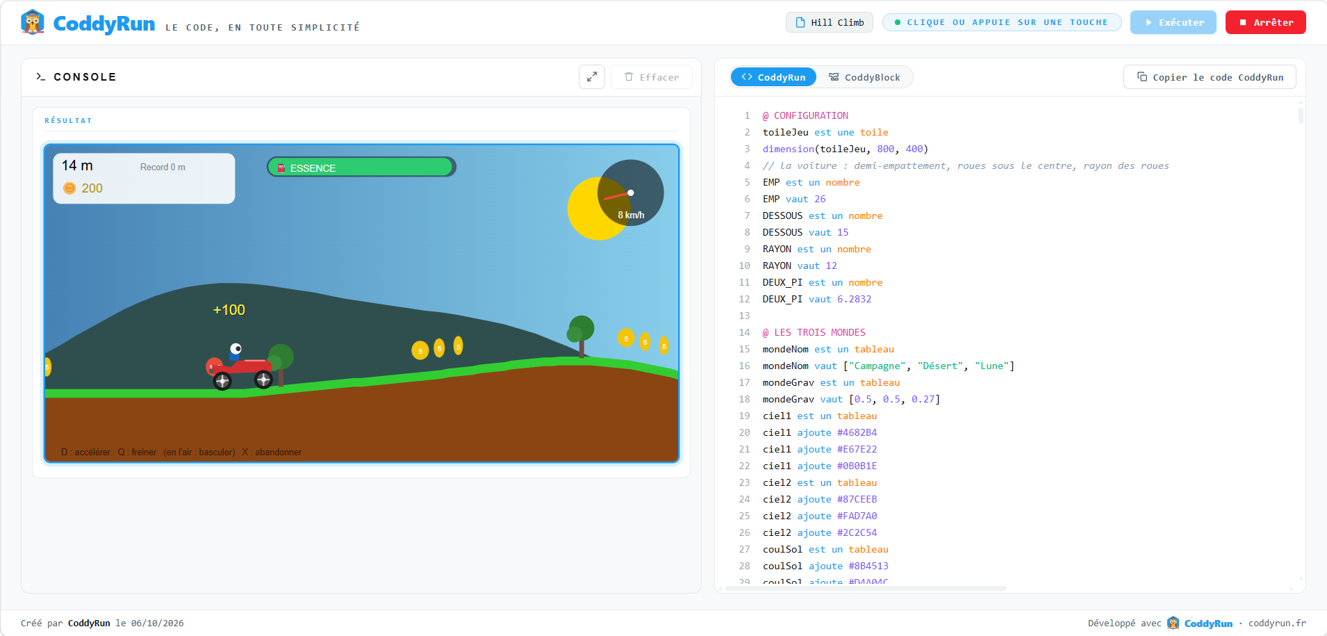 Un jeu de course en montagne programmé en CoddyRun !