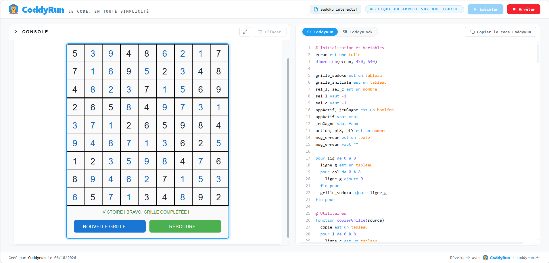 Un Sudoku interactif développé sous CoddyRun !