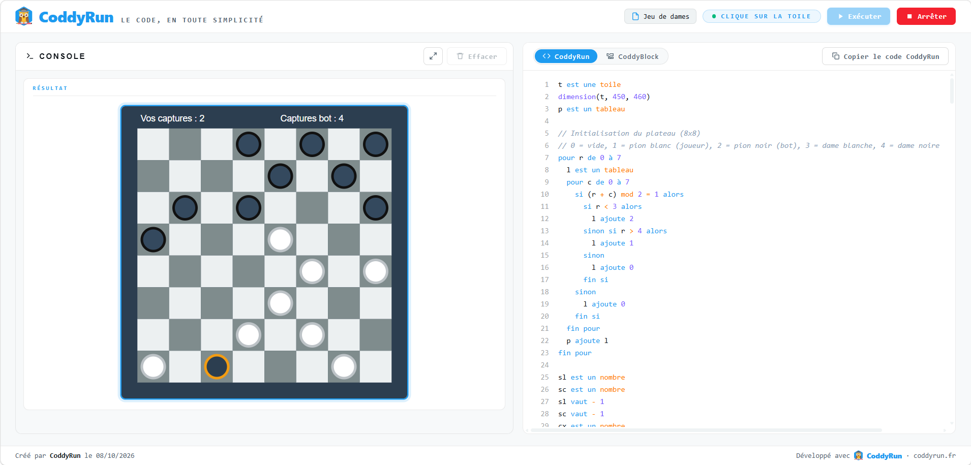 Un jeu de dames entièrement codé : IA, captures et interface dynamique !